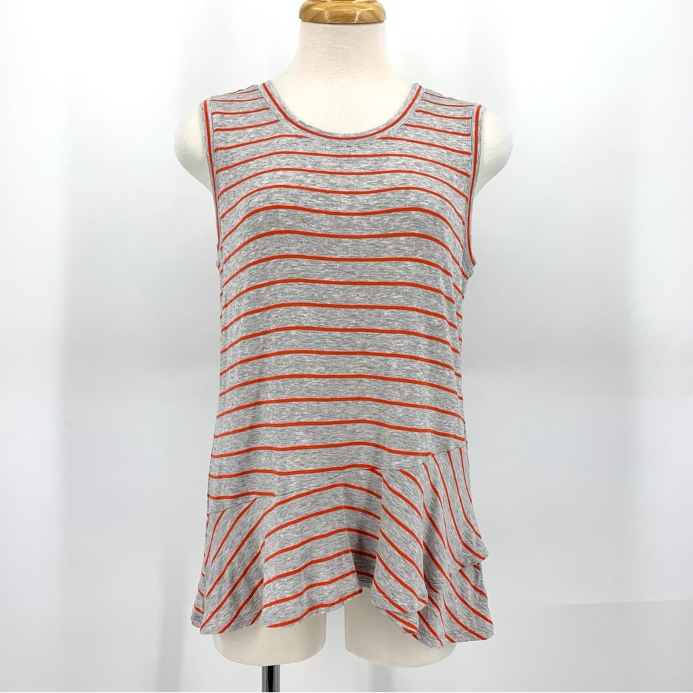 Cabi Ruffle Top # 5331, Coral Stripe on Heather Grey Ruffle Peplum Top, Small